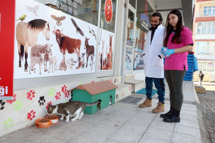 Yozgat’ta veteriner hekim Abdulsamet Zararsız ve eşi, iş yerlerinin önüne