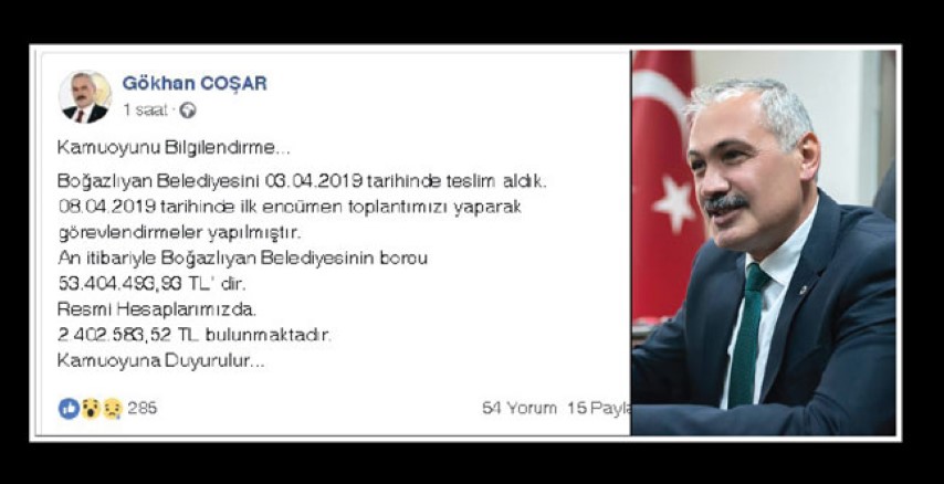 Boğazlıyan Belediye Başkanı Gökhan Coşar, sosyal medya hesabından yaptığı açıklamada;