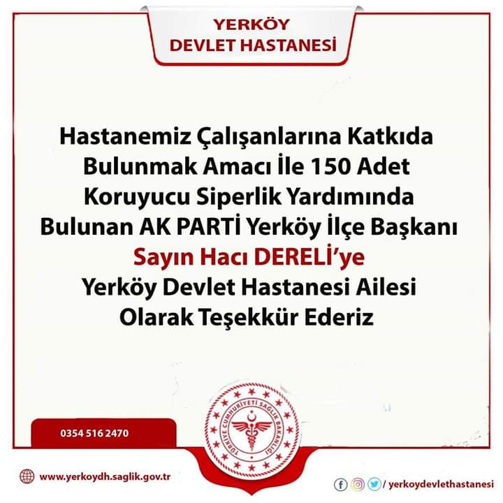 Yerköy Devlet Hastanesi çalışanlarına 150 adet yüz koruyucu siperlik desteğinde