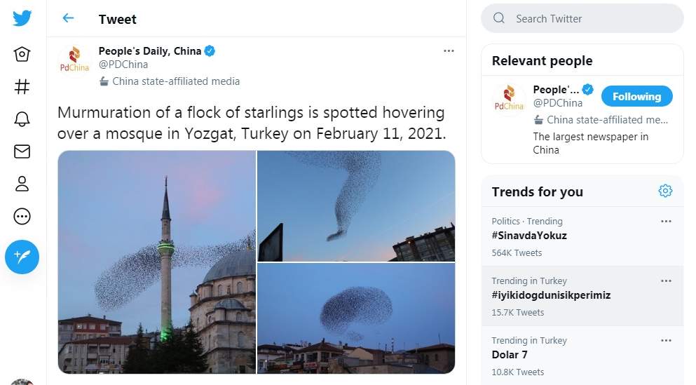 Yozgat’ta ulusal bir ajansın yaptığı sığırcık kuşlarının gökyüzündeki görüntüleri Çin’in