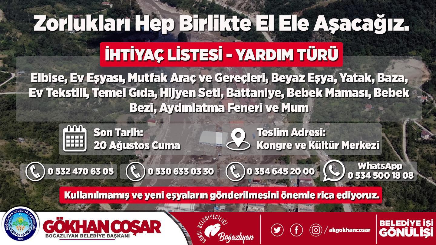 Boğazlıyan Belediyesi Kastamonu’nun Bozkurt ilçesinde sel felaketinden etkilenen vatandaşlar için