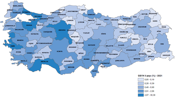 TÜİK, 2021 yılı il bazında gayrisafi yurt içi hasıla rakamlarını