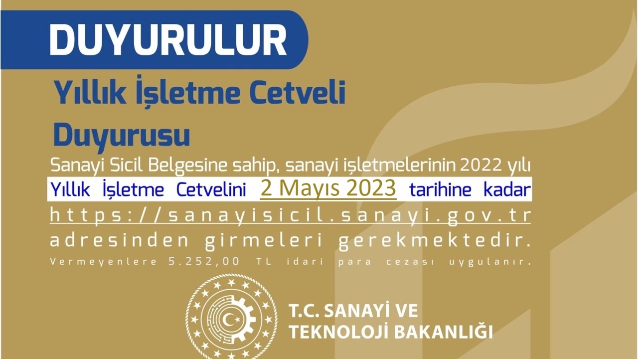 Sanayi siciline kayıtlı işletmelerin 2022 yılma ait faaliyetlerinin yer aldığı