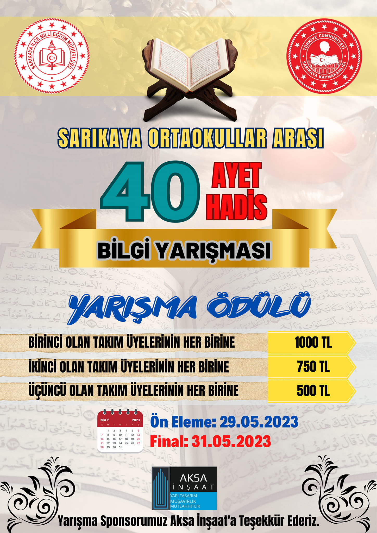 Sarıkaya İlçe Milli Eğitim Müdürlüğü tarafından organize edilen 40 Ayet