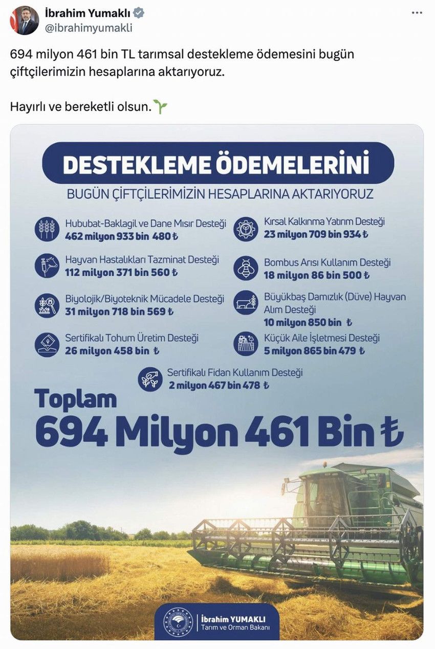 Tarım ve Orman Bakanı İbrahim Yumaklı, çiftçilere yönelik önemli bir