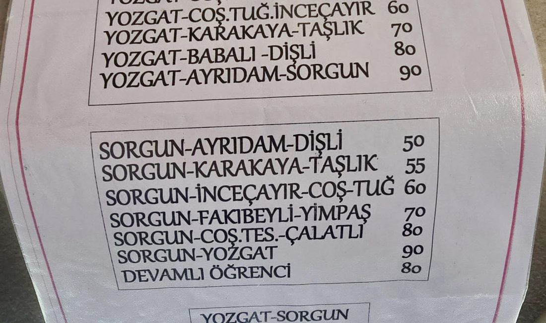 Sorgun ilçesinde toplu taşıma ücretlerine zam yapıldı. Alınan karar doğrultusunda,